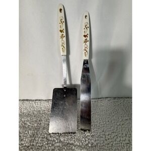 Vintage CT Stainless Steel Spatula Set Gold Bird Scroll Cream Handle